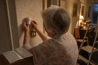 Senior woman concentrating on installing a motion sensor in a hallway with a blend of vintage and modern home elements