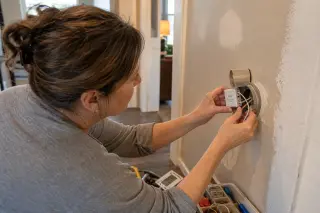 Middle-aged woman installing a wireless smart switch in a hallway during home renovation, natural mixed lighting, focused expression, candid and realistic atmosphere.