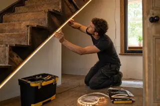 DIY enthusiast installing a connected LED strip under a wooden staircase in a partially renovated home, with a toolkit and natural warm lighting.
