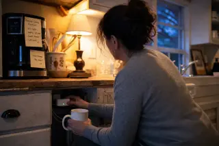Woman adjusting a discreet smart dimmer under a kitchen counter, surrounded by notes and warm evening light in a lived-in, partly modernized kitchen.