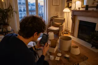 Young tenant kneeling by a coffee table in a softly lit classic apartment, examining the manual for a connected light bulb amid lamp parts and tools.