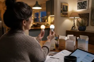Woman seated at a kitchen table comparing two light bulbs among scattered packaging and manuals, in a warmly lit home with mixed lighting sources.
