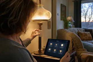 Woman adjusting a smart light switch on a vintage lamp while browsing lighting apps on a tablet in a cozy, softly lit living room during dusk.