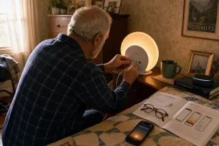 Older man in pajamas carefully adjusting a connected sunrise alarm on his bedside table in a warmly lit, lived-in bedroom with a blend of vintage and modern details.