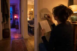Middle-aged woman adjusting smart lighting module in hallway, warm mixed lighting, handwritten notes, authentic lived-in home ambiance