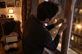 Tenant concentrating as he installs a connected alarm sensor on an old window in a lived-in apartment, mixing modern device and vintage decor in warm evening light.