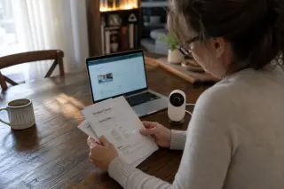 Woman configuring a smart security camera at a dining table, referencing cloud service guides, in a real apartment with mixed connected and classic elements