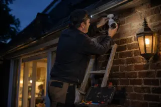 Man installing outdoor IP camera on an old house at dusk, adjusting the device from a ladder with toolbox nearby, warm light from windows and headlamp blending with cool evening tones, candid over-the-shoulder angle.