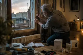 Senior woman configuring a discreet interior siren on a living room wall, referencing a manual, surrounded by both classic decor and traces of smart home installation work, lit by soft evening light.