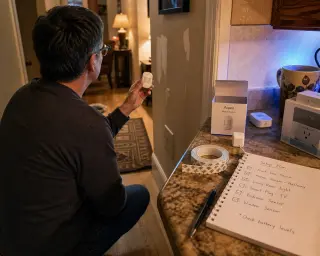 Tenant in a lived-in apartment examining a motion sensor and checklist, with unpacked smart home items and warm, natural lighting.