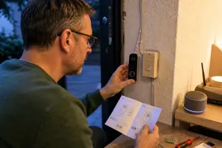 Tenant carefully installing a smart alarm sensor above an old wooden door, with installation tools and manual nearby in a softly lit, cozy apartment hallway.