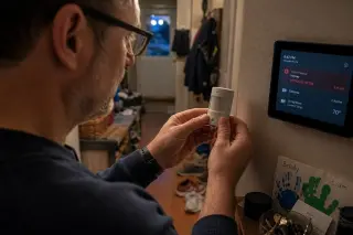Man in hallway inspecting motion sensor at night with soft LED lights and home clutter in background, showing a real moment of troubleshooting after a domotic false alarm.