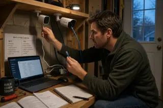DIY homeowner testing Wi-Fi and PoE security cameras in a utility room with natural and work lamp lighting, surrounded by tools and a laptop during evening configuration.