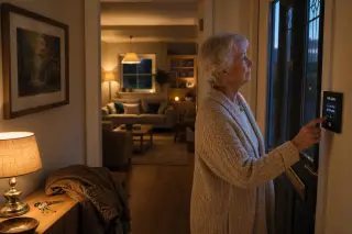 Senior woman adjusting a smart light switch near the front door of a warmly lit home at dusk, with cozy living room visible and lights subtly timed for presence simulation.