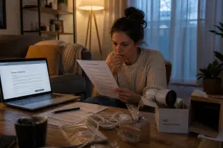 A person sitting on the floor of a lived-in living room inspecting complex paperwork for a home video surveillance subscription, with camera equipment, laptop, and packaging nearby, lit by soft natural and LED light.