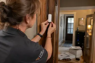 Technician focused on configuring a smart security sensor on an old door frame in a warm, lived-in home entryway, showing the subtle integration of advanced technology into a real domestic setting.