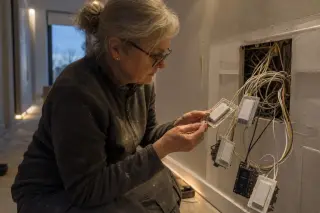 Older woman kneeling in a hallway, intently checking tangled smart light switches during home renovation, with both old and new wiring visible, in warm evening light.