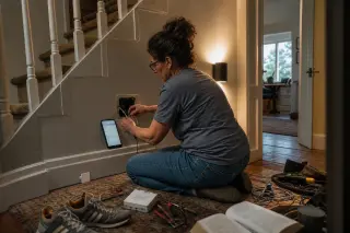Woman focused on upgrading a classic light switch to a smart lighting hub in a warmly lit, lived-in home, mixing vintage and modern elements.