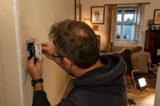 DIY homeowner installing a smart dimmer switch in a partially renovated living room with a mix of old and modern lighting, viewed from behind during evening light.