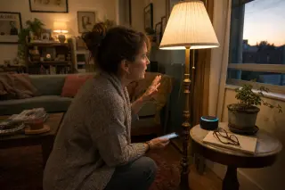 Woman testing a smart lighting setup by speaking to a smart speaker next to a vintage floor lamp in a cozy, naturally lit living room.