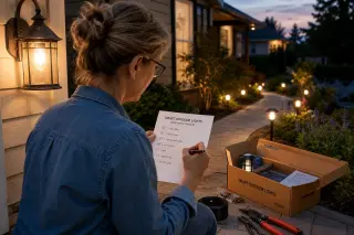 Middle-aged woman kneeling by a garden walkway at dusk, reviewing a checklist while setting up smart outdoor lights, old and new lighting visible, tools nearby, lit by warm LED and twilight.